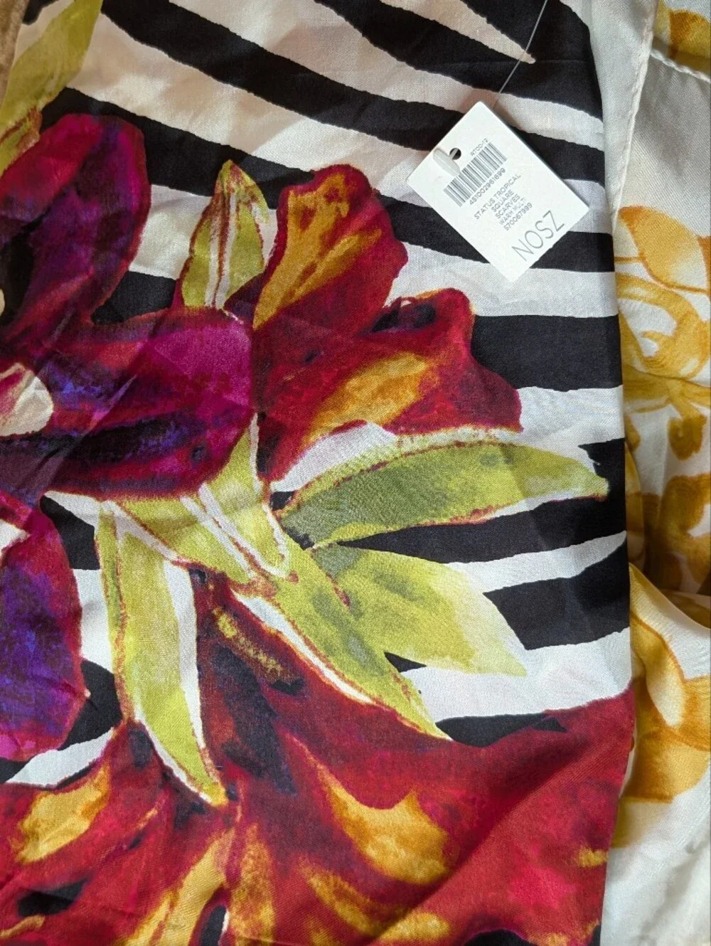Chico's Floral & Zebra Border Scarf in Black, White, Red, Purple, Green